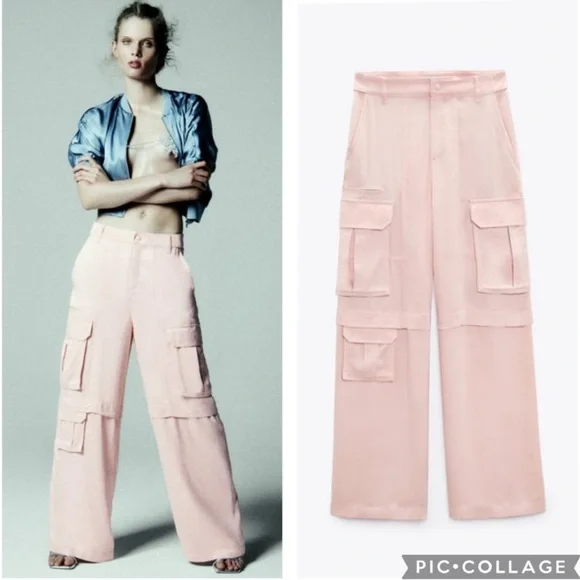 NWT Zara pink satin effect carpenter cargo pants viscose 9663/042/622 medium - Picture 2 of 10